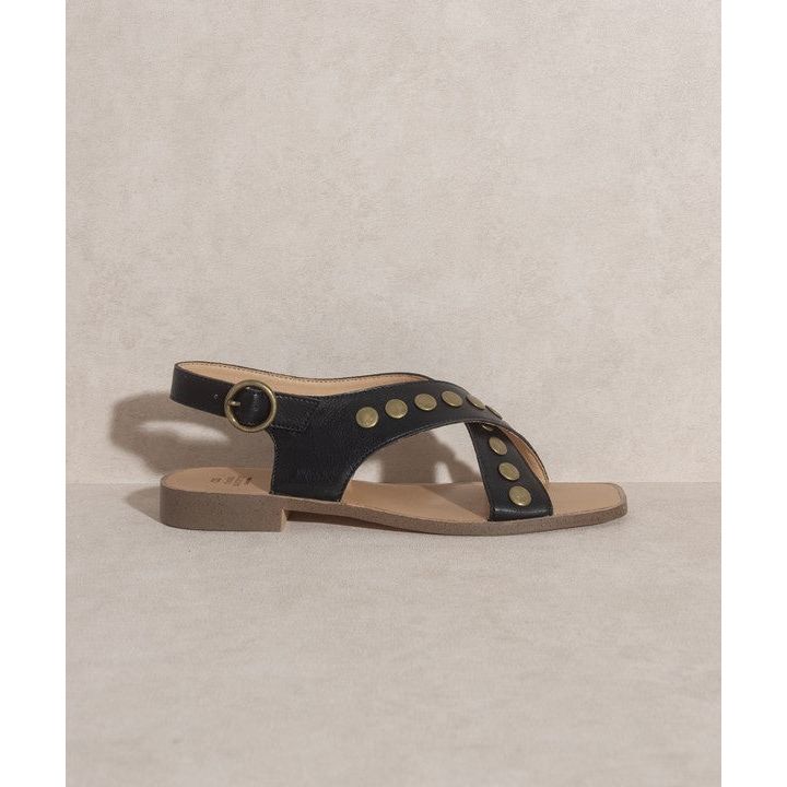 The Studded Cross Band Sandal in Black or Tan