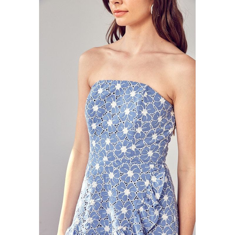 The Chambray Strapless Eyelet Ruffle Romper
