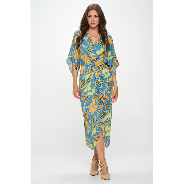 Daily Deal The Leaf Print Teal Kimono Dress with Front Twist