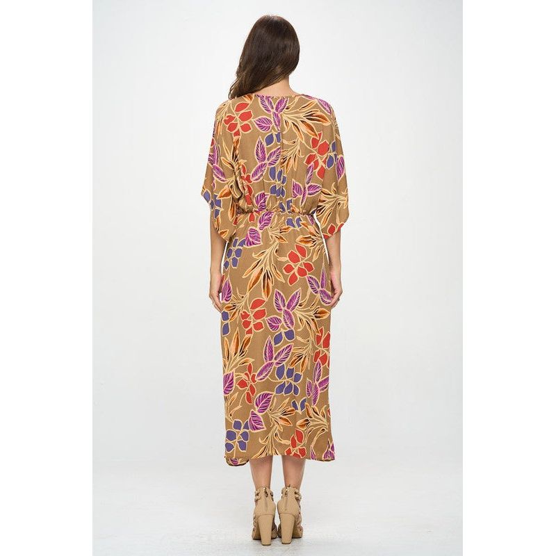 The Leaf Print Beige Kimono Dress with Front Twist