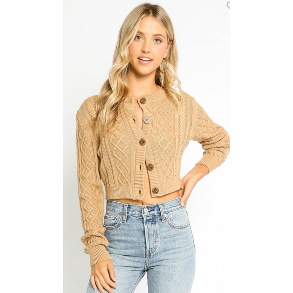 The Bailey Camel Cable Knit Cropped Cardigan Sweater