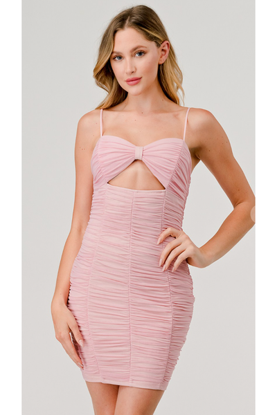 The Krista Light Pink Ruched Mesh Cutout Midriff Bow Mini