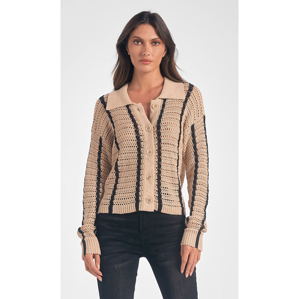 The Hayden Tan Open Work Collared Button Up Sweater