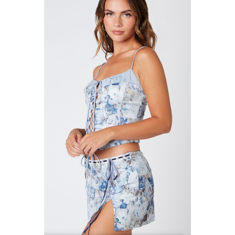 The Parker Blue Floral Print Lace Up Ruffle Cami Top