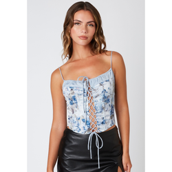 The Parker Blue Floral Print Lace Up Ruffle Cami Top