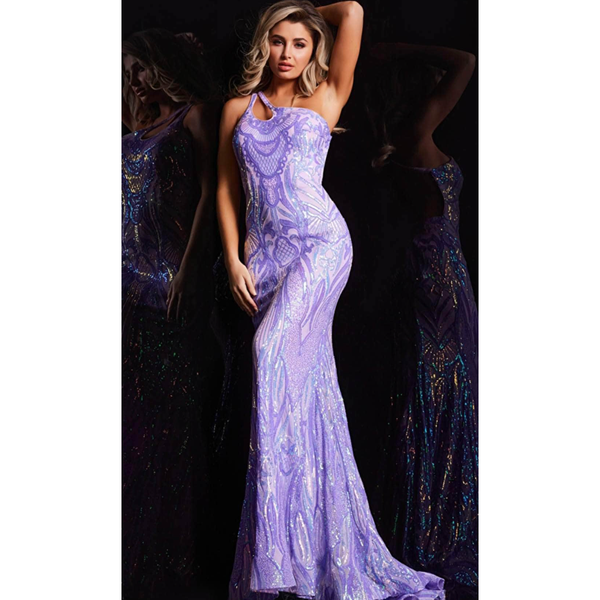 The Jovani Iridescent Purple One Shoulder Fitted Pattern Sequin Gown