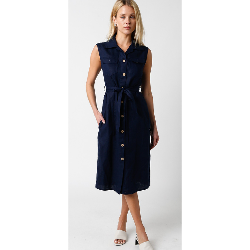 The Paige Navy Sleeveless Linen Midi Dress