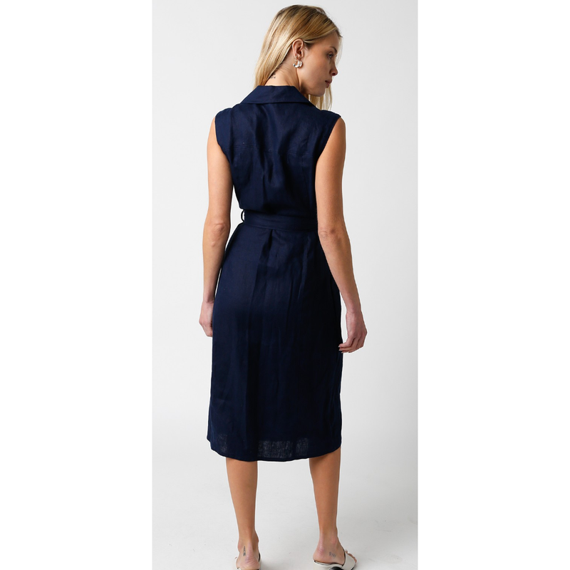 The Paige Navy Sleeveless Linen Midi Dress