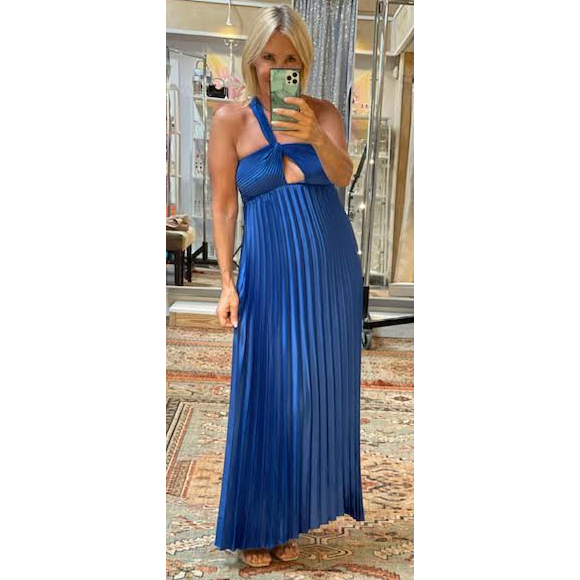 The Mila Royal Blue One Shoulder Pleated Satin Maxi Dress