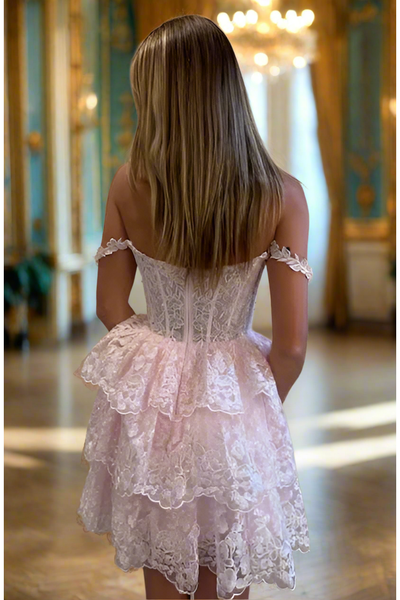 The Jovani 37080 Light Pink Lace Corset Short Formal Dress – Cason