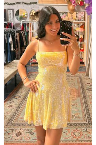 The Demi Yellow Sequin A-Line Mini Dress L
