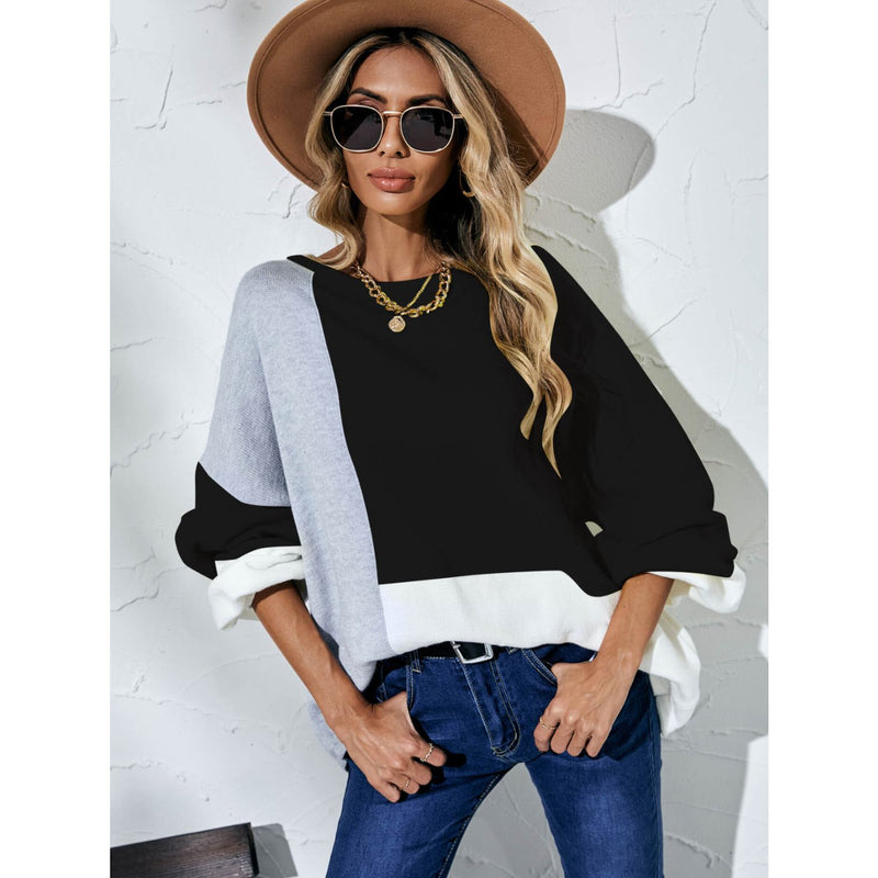 The Color Block Balloon Sleeve Boat Neck Sweater Yellow, Black or Beige