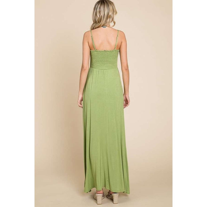 The Camille Green Smocked Cami Maxi Dress with Pockets