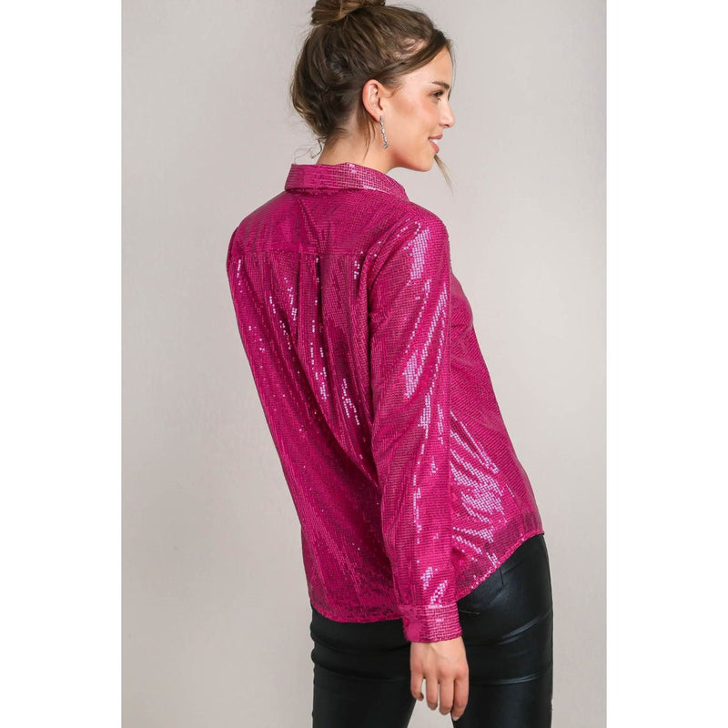 The Cherise Hot Pink Sequin Button Up Top