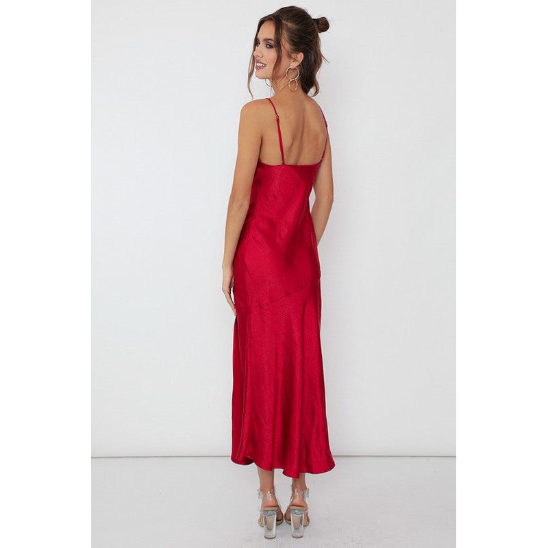 The Andora Red Satin Side Slit Midi Dress