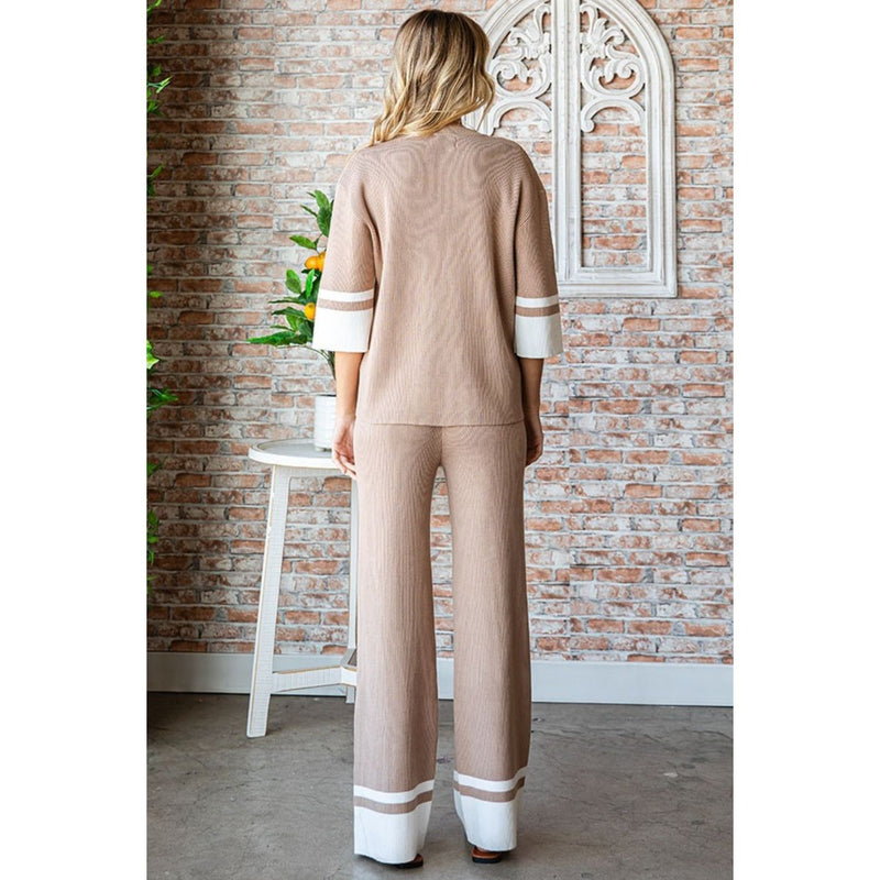 The Mayfair Mocha/White Contrast Ribbed Knit Pants