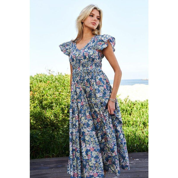 The Vintage Garden Floral Smoked Midi Dress In Blue Or Pink