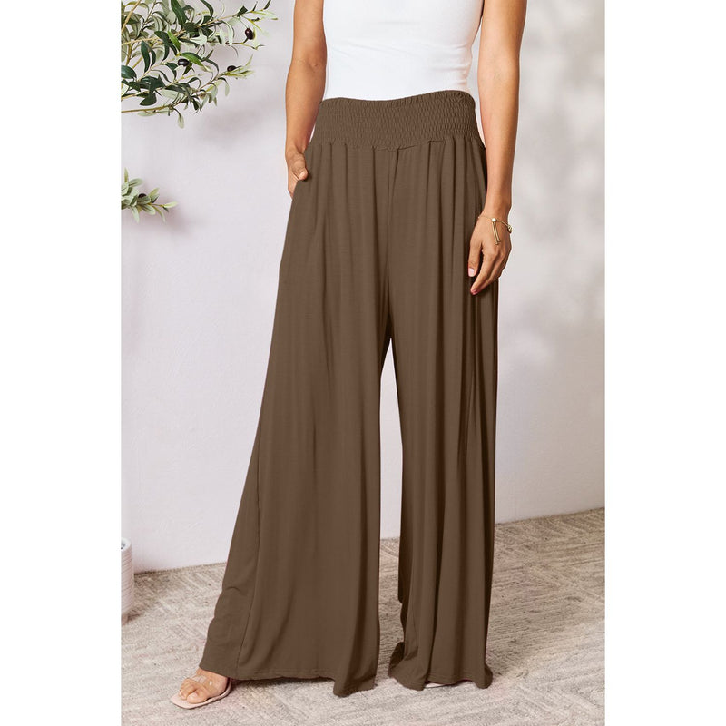 The Smocked Waistband Wide Leg Pants In Hot Pink, Olive, Gray, Brown or Black