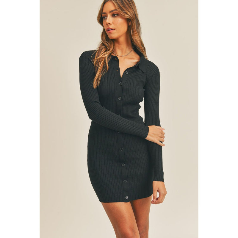 The Mable Black Button Up Ribbed Mini Shirt Dress