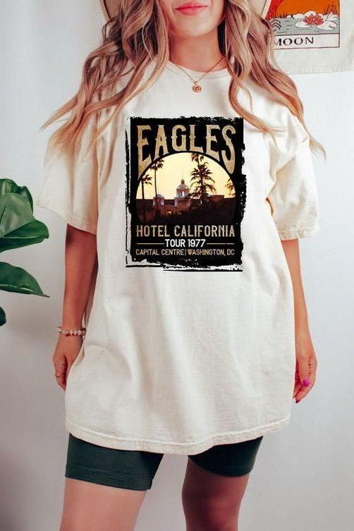 The Eagles Hotel California Tee In Cream, Pink or Light Blue