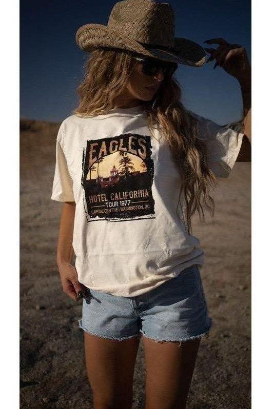 The Eagles Hotel California Tee In Cream, Pink or Light Blue