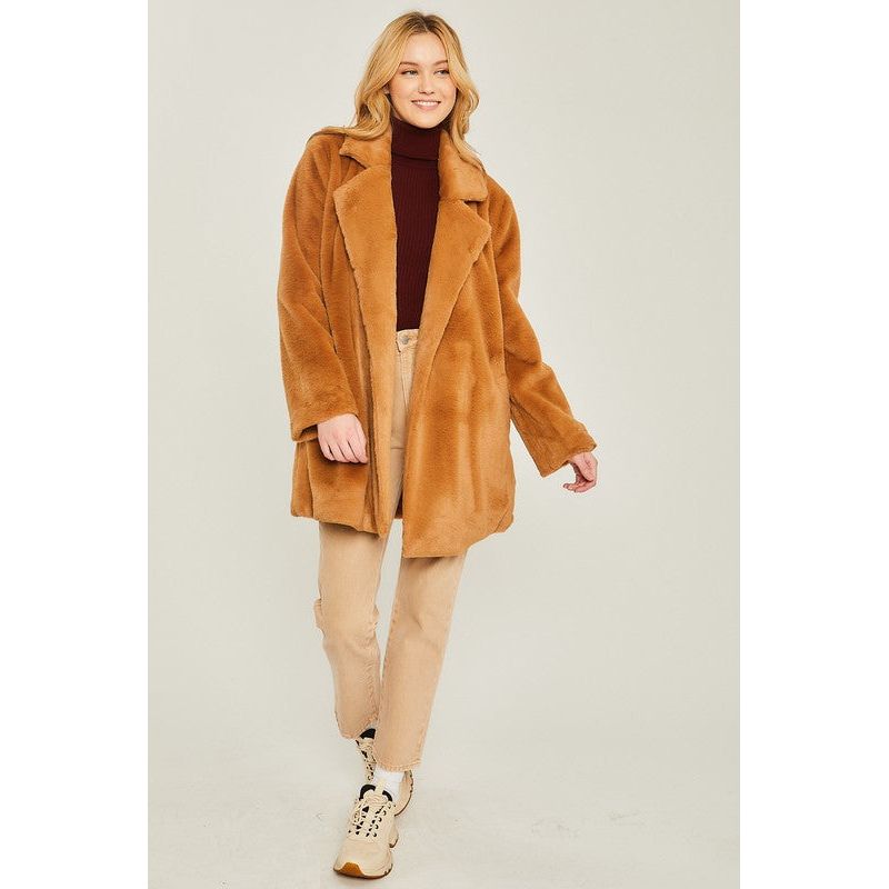 The Aspen Faux Fur Coat in Camel, Ivory and Black