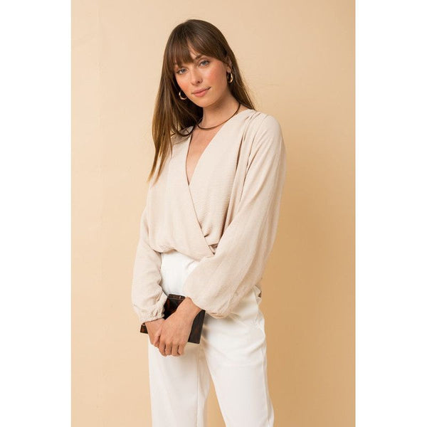 The Elise Surplice Top in Oatmeal or Black