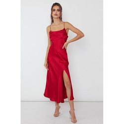 The Andora Red Satin Side Slit Midi Dress