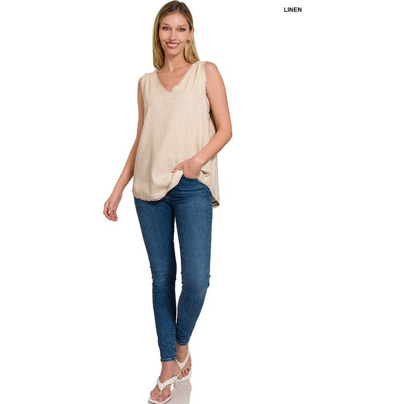 The Jane Washed Linen Frayed Edge V-Neck Sleeveless Top In Black or Sand