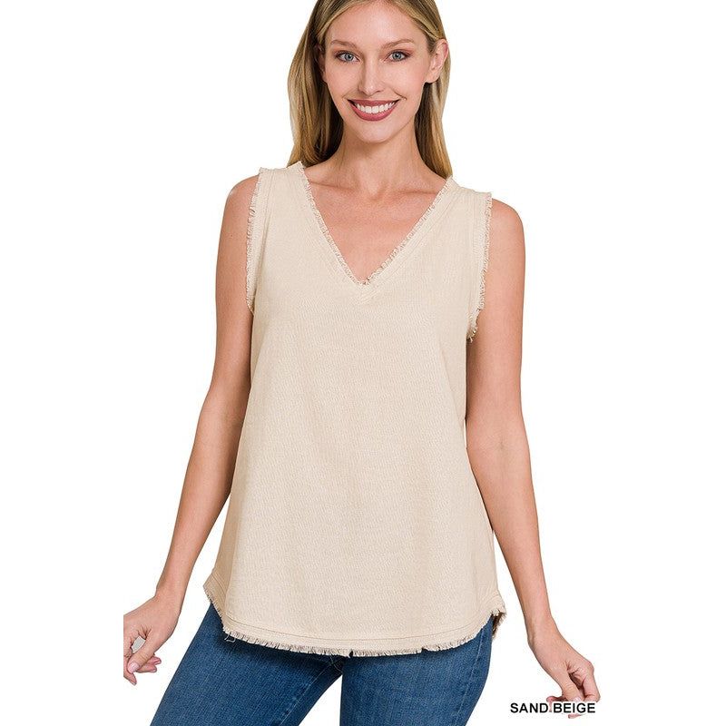 The Jane Washed Linen Frayed Edge V-Neck Sleeveless Top In Black or Sand