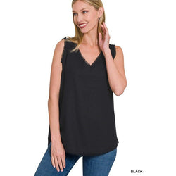 The Jane Washed Linen Frayed Edge V-Neck Sleeveless Top In Black or Sand