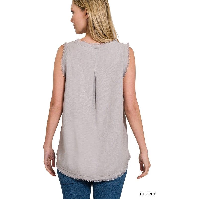 The Jane Washed Linen Frayed Edge V-Neck Sleeveless Top In Black or Sand