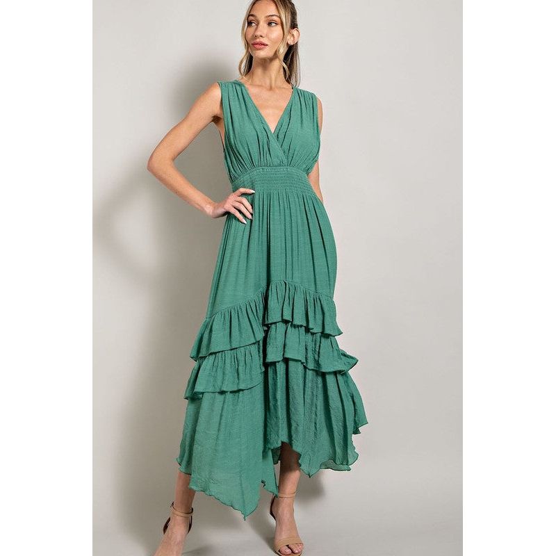 The V-Neck Ruffle Maxi Dress in Chambray or Sage