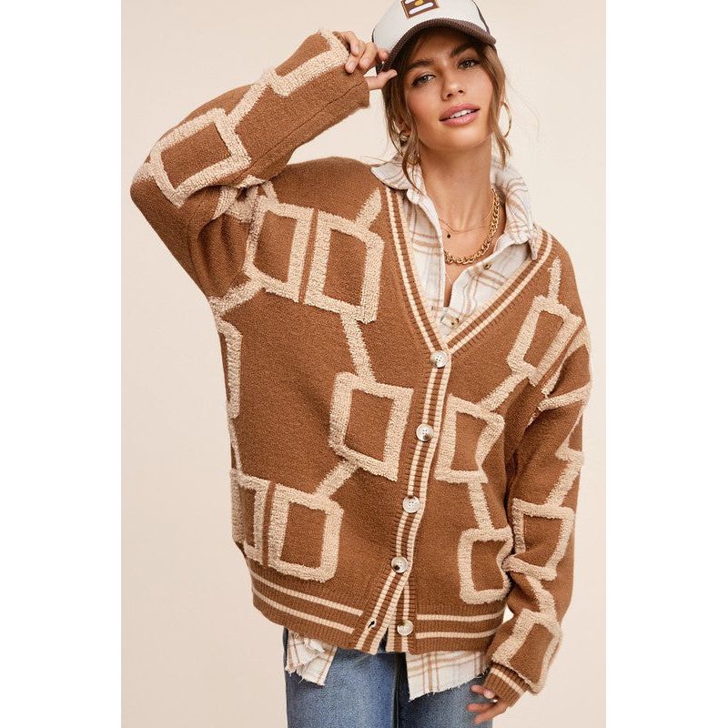 The Link Pattern Oversized Cardigan Sweater In Beige, Brown, Or Green