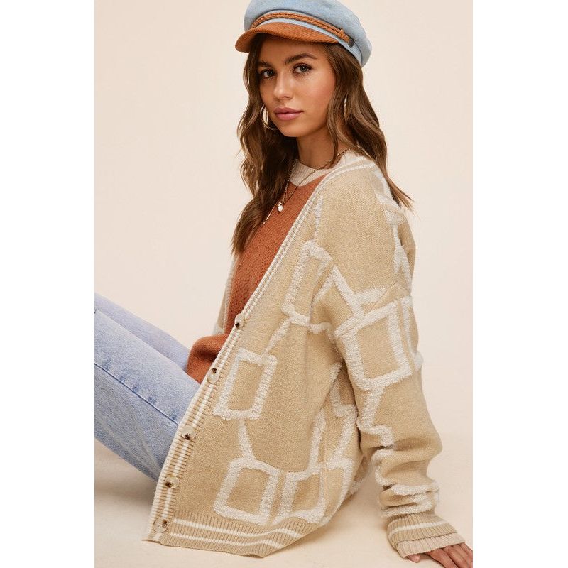 The Link Pattern Oversized Cardigan Sweater In Beige, Brown, Or Green