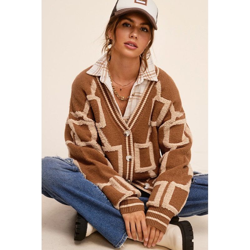 The Link Pattern Oversized Cardigan Sweater In Beige, Brown, Or Green