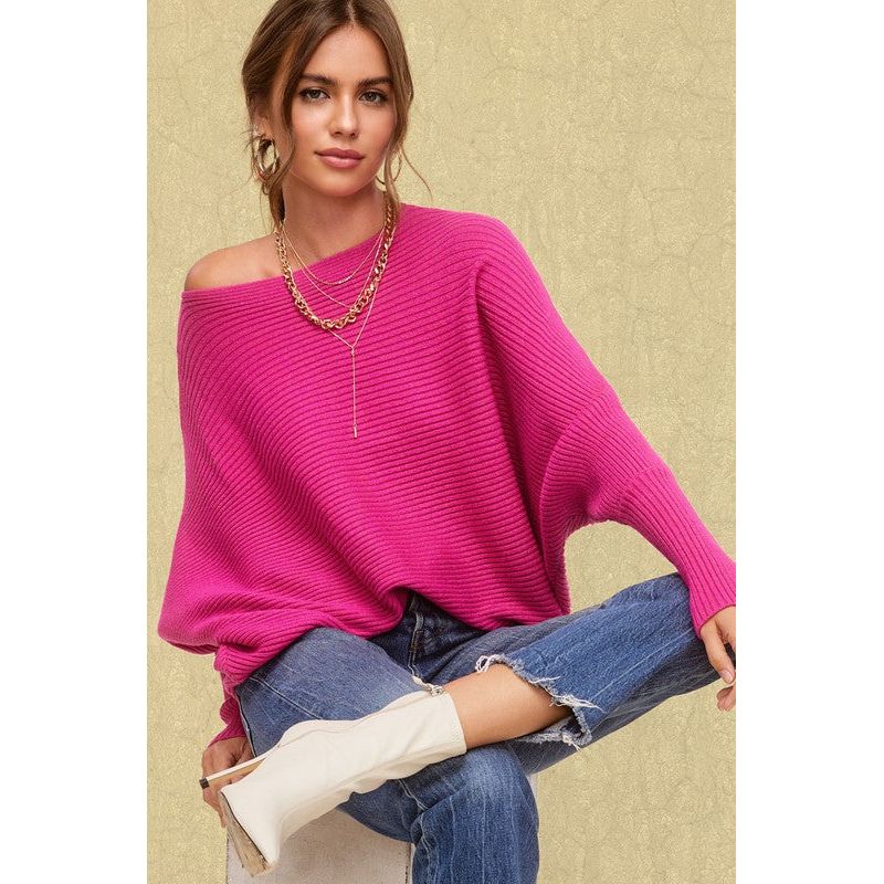 The Joey Boat Neck Sweater In Black Or Fuchsia