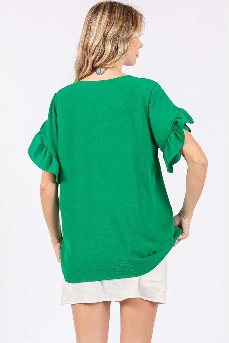 The Gigi Green Ruffled Short Sleeve V-Neck Top