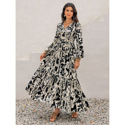 The Harvest Smocked Printed Tie Neck Long Sleeve Dress