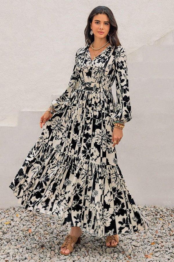 The Harvest Smocked Printed Tie Neck Long Sleeve Dress