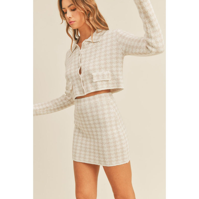 The Maggy Houndstooth Knit Cropped Cardigan and Mini Skirt Set