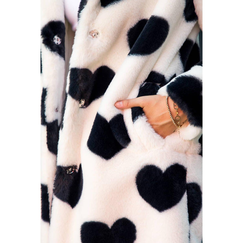 The Cupid Black/White Heart Print  Faux Fur Coat