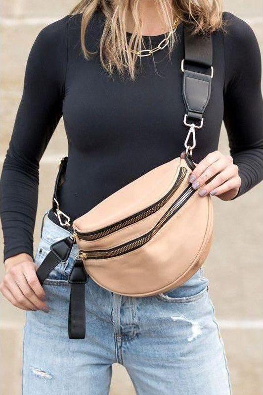 The Double Zip Nylon Crescent Sling Bag in Almond, Black, Gray and Olive
