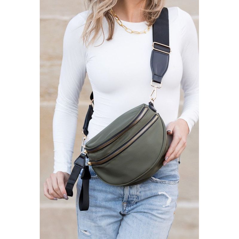 The Double Zip Nylon Crescent Sling Bag in Almond, Black, Gray and Olive