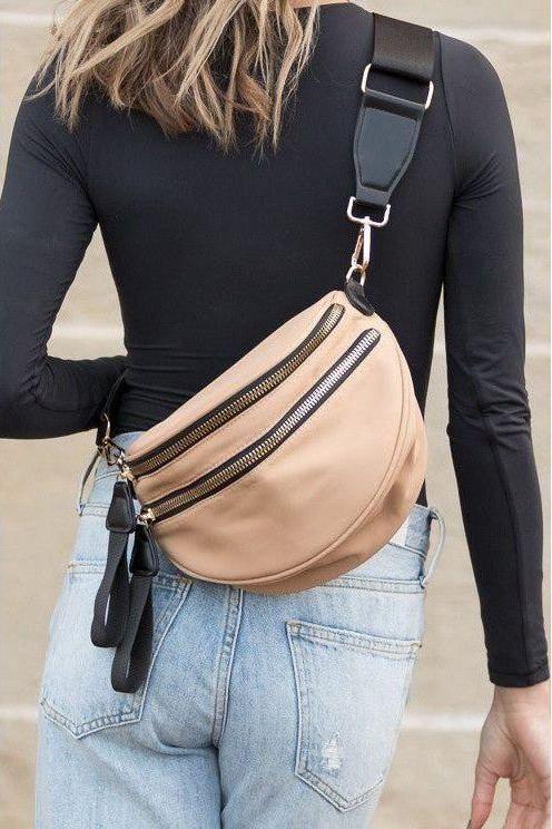 The Double Zip Nylon Crescent Sling Bag in Almond, Black, Gray and Olive