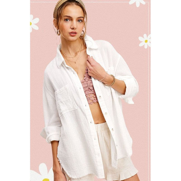 The Crinkled 100% Cotton Gauze Button Down Shirt in White, Lemon & Cloud