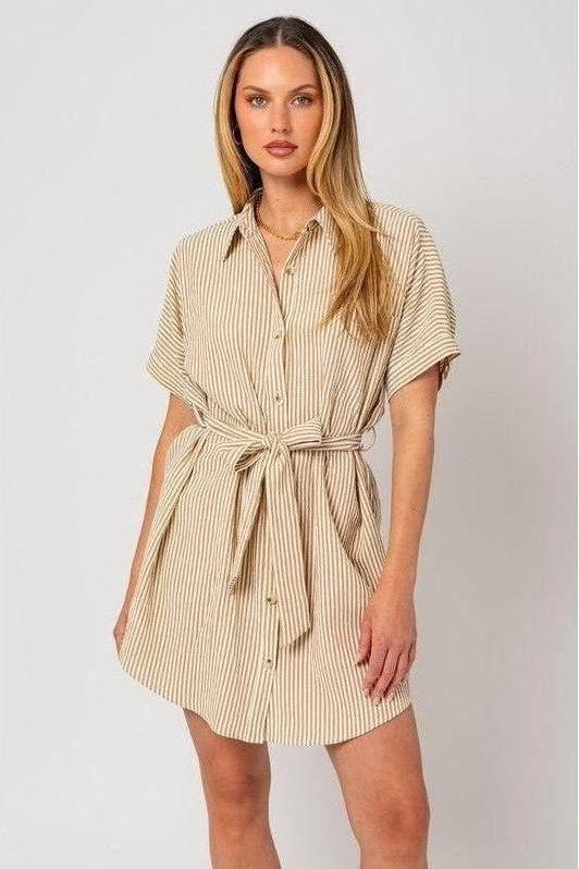 The Sunday Beige Striped Button Down Shirt Dress
