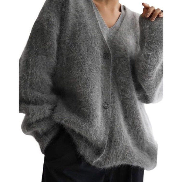 The Fuzzy Oversized Button Front Cardigan In Beige, Gray, Ivory Or Light Gray