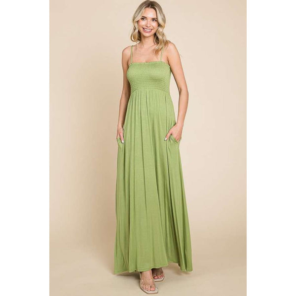 The Camille Green Smocked Cami Maxi Dress with Pockets