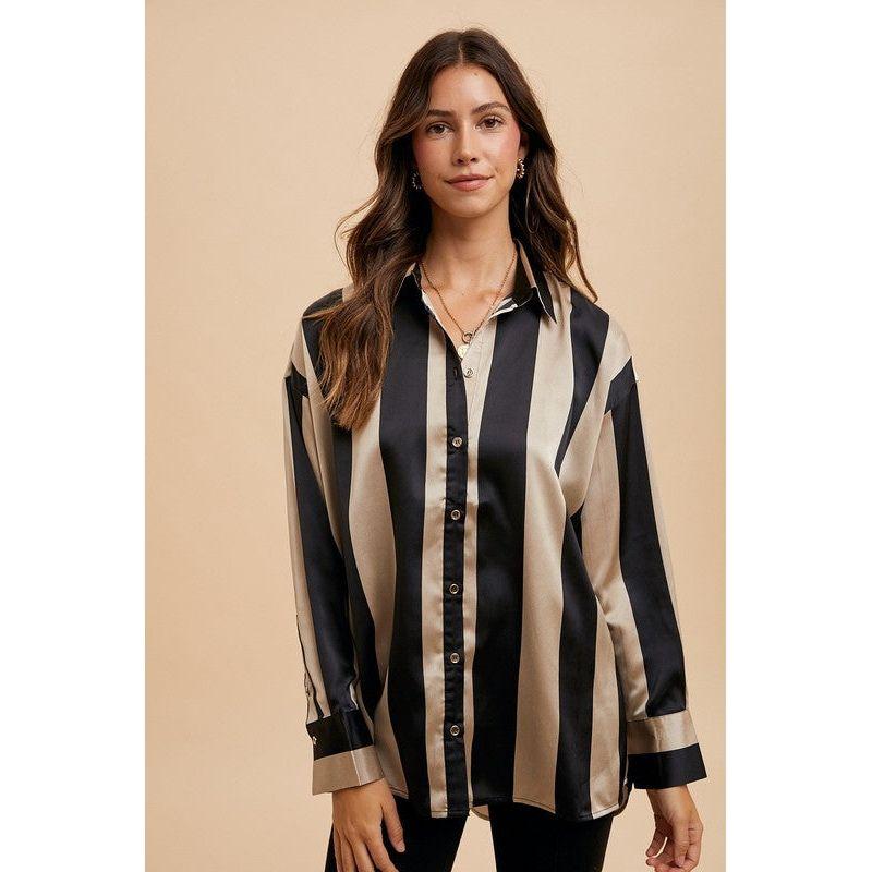 The Annie Black/Gold Striped Satin Button Up Shirt